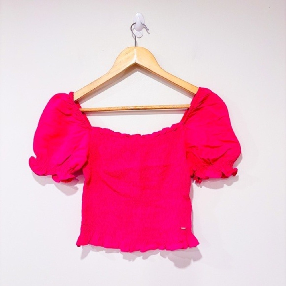 GUESS Hot Pink Smocked Puff Sleeve Square Neck Crop Top Small